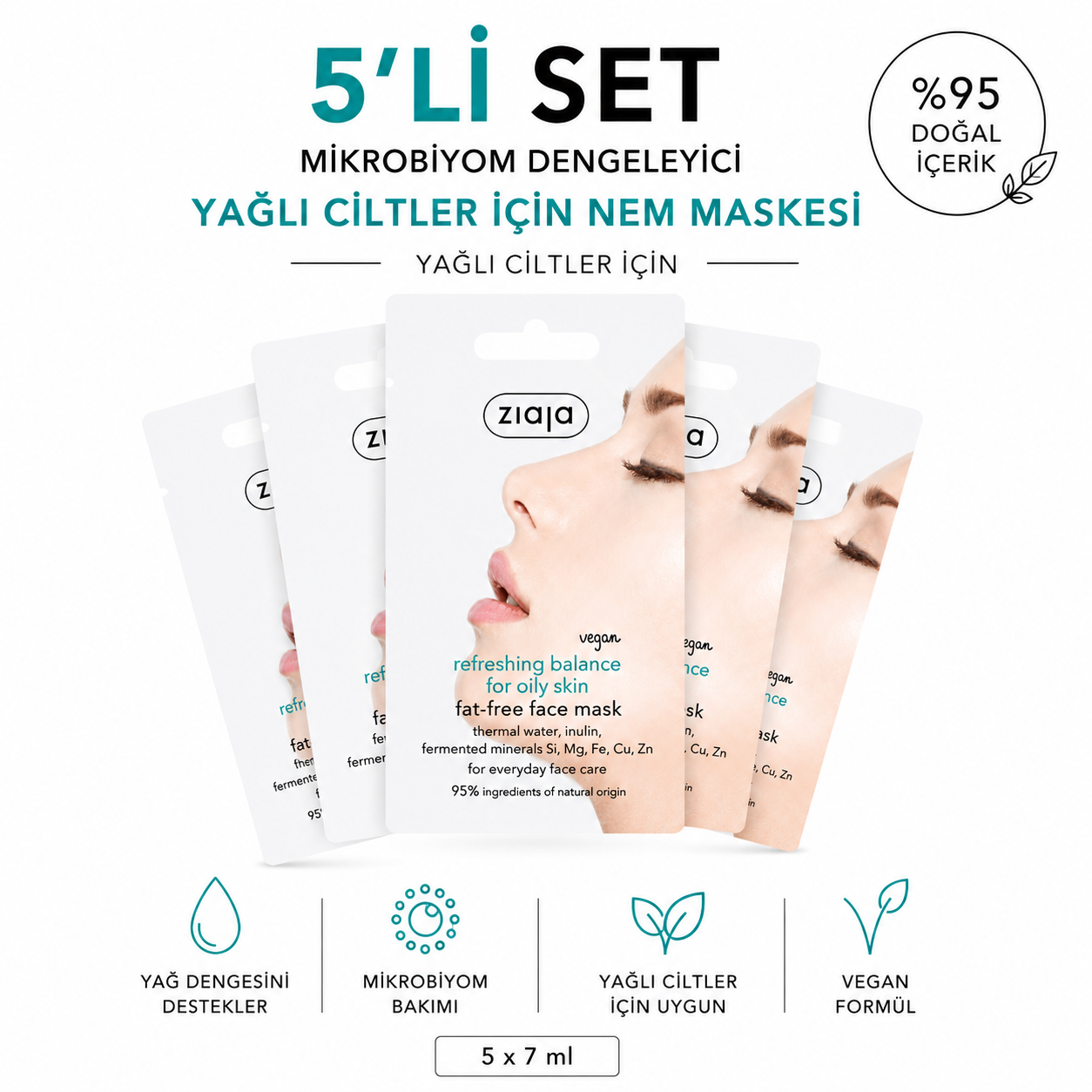 Ziaja Ferahlatıcı Dengeleyici Yağsız Yüz Maskesi 7 ml (5li Set)