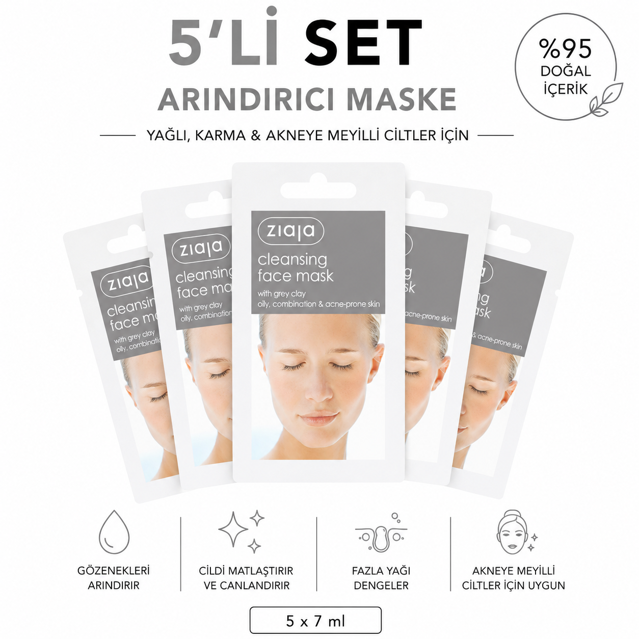 Ziaja Gri Kil İçeren Temizleyici Yüz Maskesi 7 ml (5li Set)