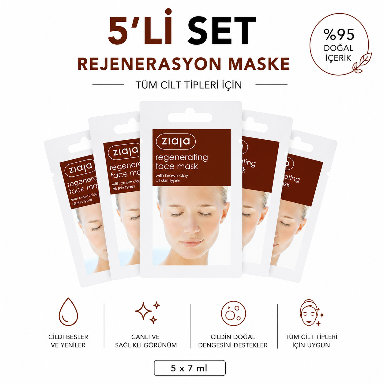 Ziaja Kahverengi Kil İçeren Yenileyici Yüz Maskesi 7 ml (5li Set)