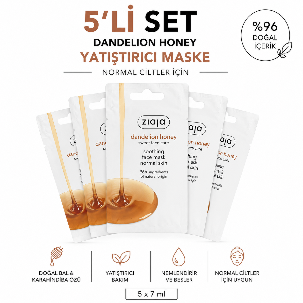 Ziaja Karahindiba Ballı Yatıştırıcı Yüz Maskesi 7 ml (5li set)