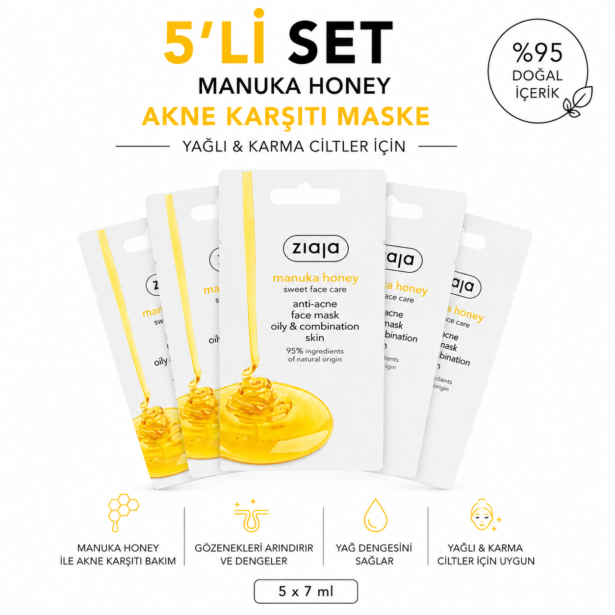 Ziaja Manuka Ballı Anti-Akne Yüz Maskesi 7 ml (5li Set)