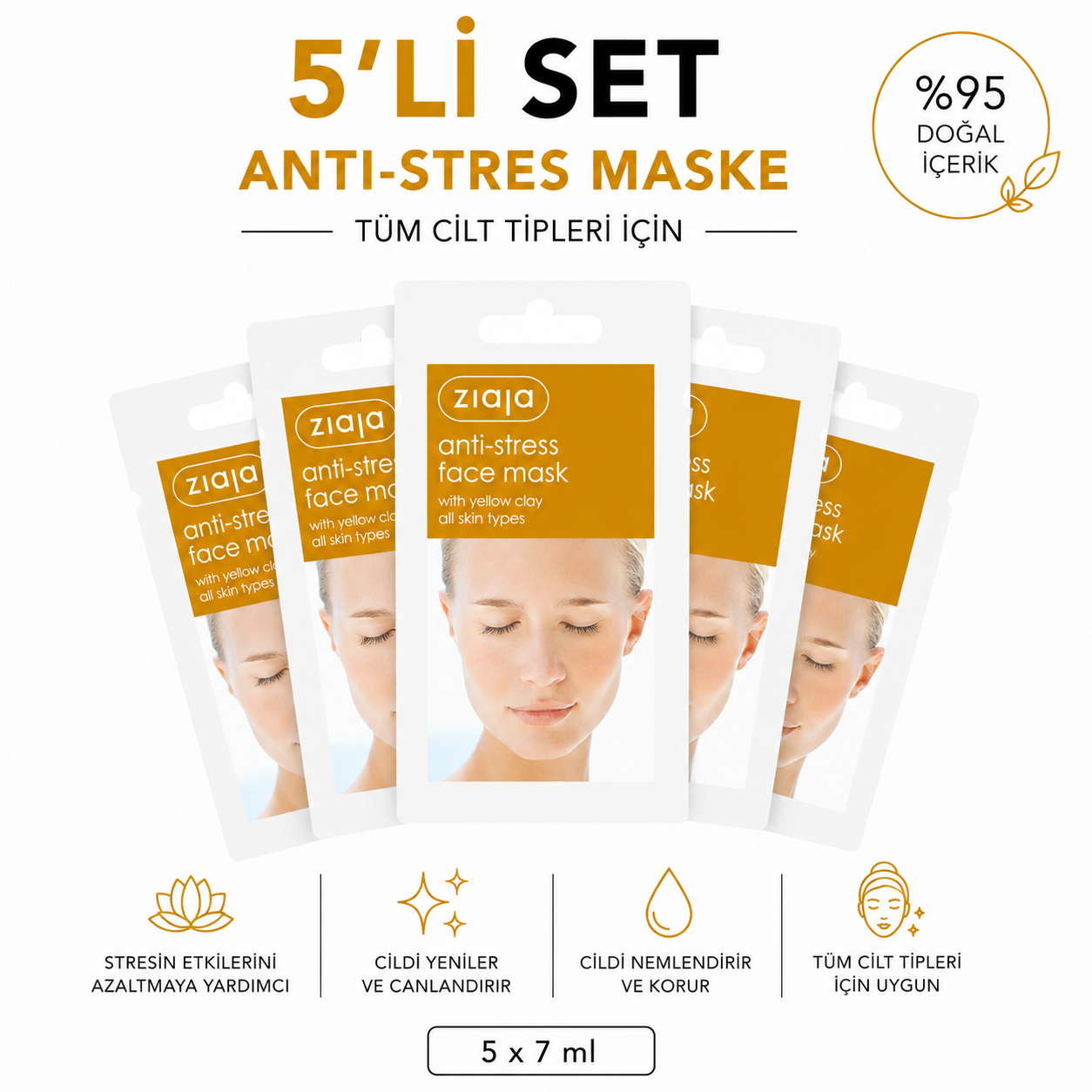 Ziaja Sarı Kil İçeren Strese Karşı Yüz Maskesi 7 ml (5li Set)