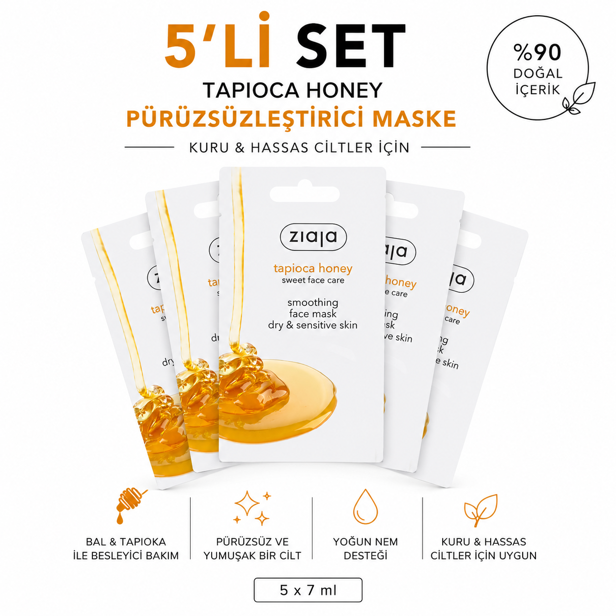 Ziaja Tapioka Ballı Pürüzsüzleştirici Yüz Maskesi 7 ml (5li Set)