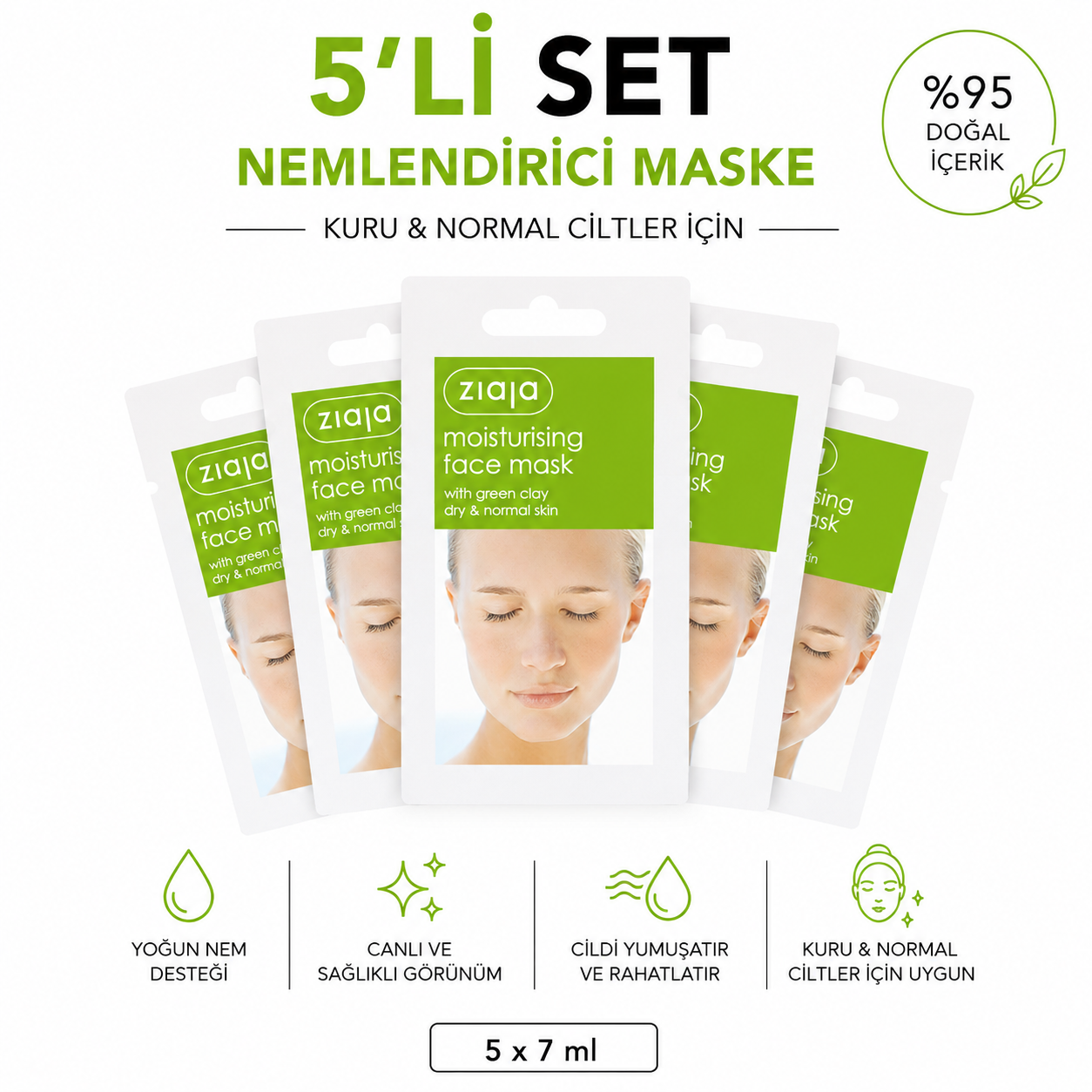Ziaja Yeşil Kil İçeren Nemlendirici Yüz Maskesi 7 ml (5li Set)