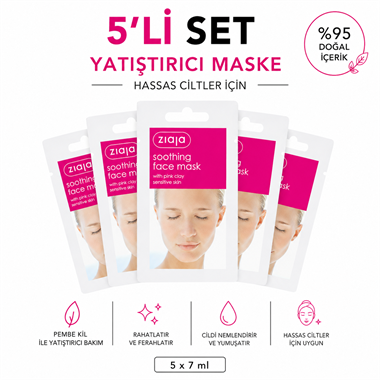 Ziaja Pembe Kil İçeren Yatıştırıcı Yüz Maskesi 7 ml (5li Set)
