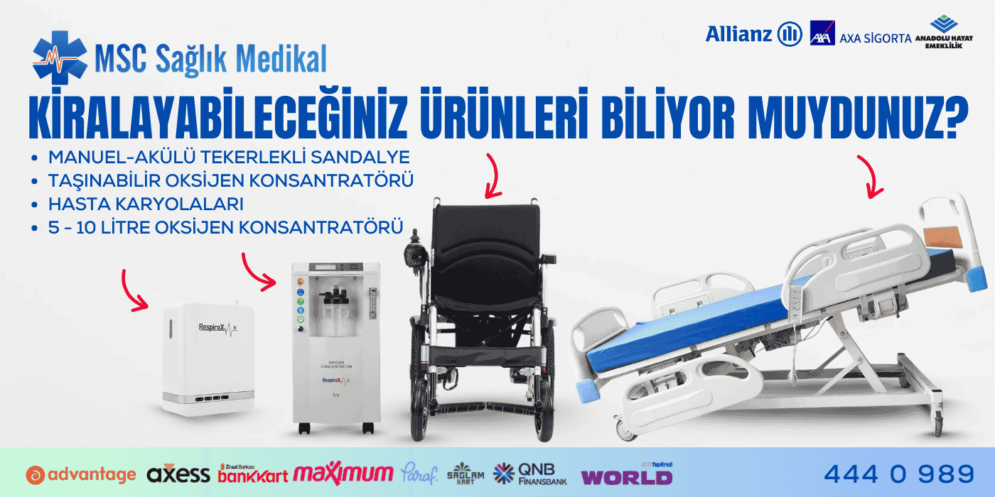 Kiralık tekerlekli sandalyeler, oksijen cihazları, hasta yatakları Msc Medikalde.