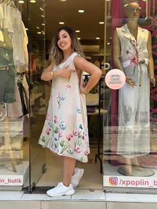 %100 Keten Çiçek Desenli Kolsuz İthal Elbise Krem