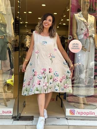 %100 Keten Çiçek Desenli Kolsuz İthal Elbise Krem