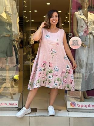 %100 Keten Çiçek Desenli Kolsuz İthal Elbise Pembe