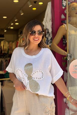 %100 Keten Çiçek Desenli İthal Bluz Beyaz