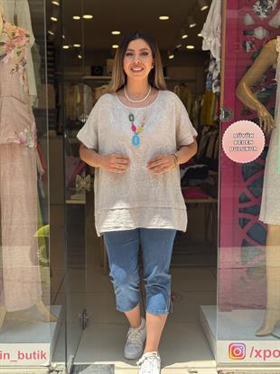 %100 Keten Çiçek İşlemeli İthal Bluz