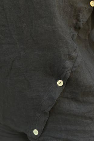 %100 Keten Düğme Detaylı Kolsuz İthal Bluz Siyah