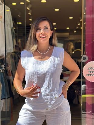 %100 Keten Düğme Detaylı Kolsuz İthal Bluz Beyaz