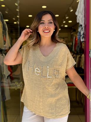 %100 Keten Hello İthal Bluz Sarı