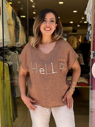 %100 Keten Hello İthal Bluz Taba