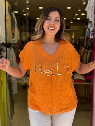 %100 Keten Hello İthal Bluz Turuncu