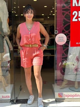 %100 Keten İthal Şort Yelek Takım Mercan