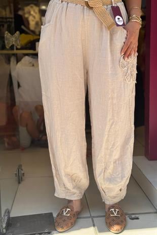 %100 Keten Kemerli İthal Pantolon