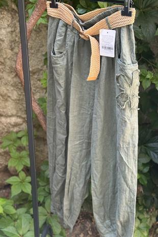 %100 Keten Kemerli İthal Pantolon