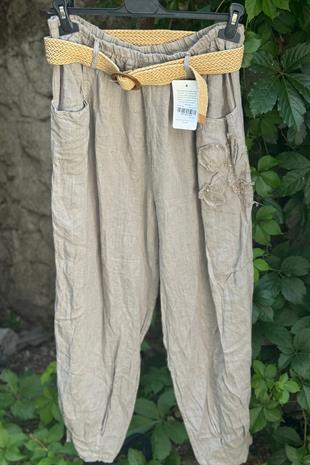 %100 Keten Kemerli İthal Pantolon