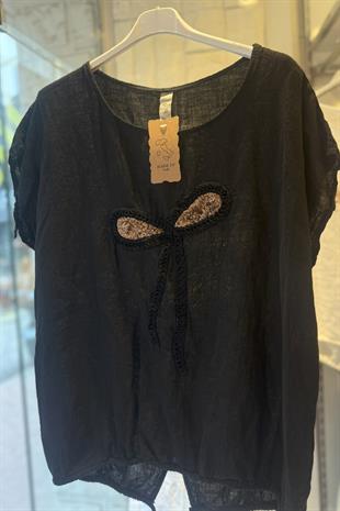 %100 Keten Kurdele Detaylı İthal Bluz