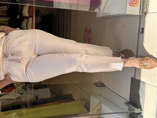 %100 Keten Paça Detaylı Pantolon Krem