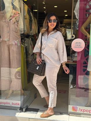 %100 Keten Paça Detaylı Pantolon Krem