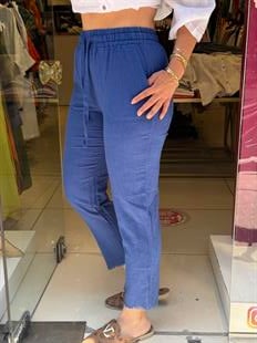 %100 Keten Paça Detaylı Pantolon Mavi