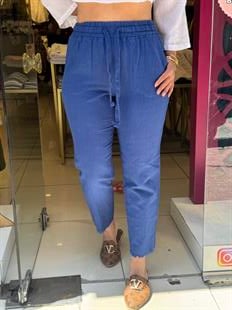 %100 Keten Paça Detaylı Pantolon Mavi