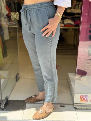 %100 Keten Paça Detaylı Pantolon Yeşil