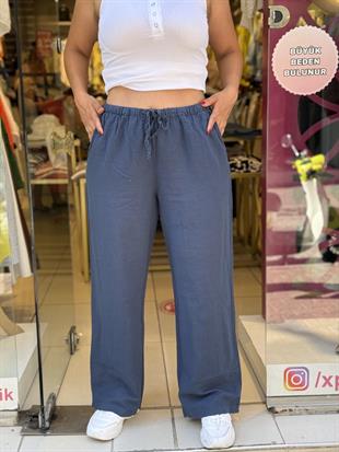 %100 Keten Palazzo Pantolon Lacivert