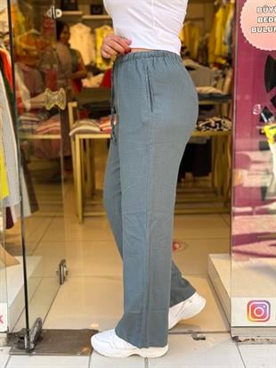 %100 Keten Palazzo Pantolon Yeşil