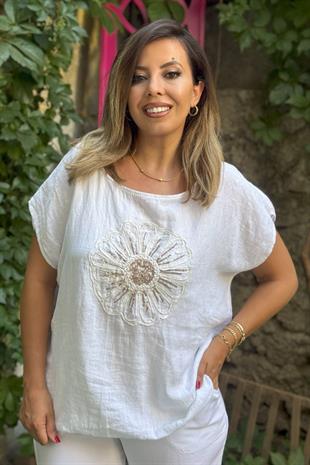 %100 Keten Papatya Desenli Payet İşlemeli İthal Bluz Beyaz