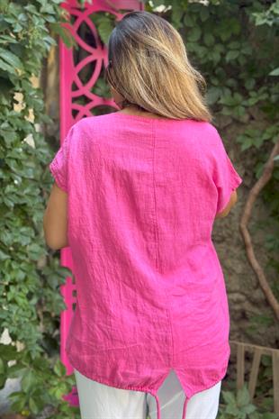 %100 Keten Papatya Desenli Payet İşlemeli İthal Bluz Pembe