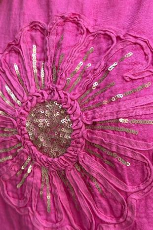 %100 Keten Papatya Desenli Payet İşlemeli İthal Bluz Pembe