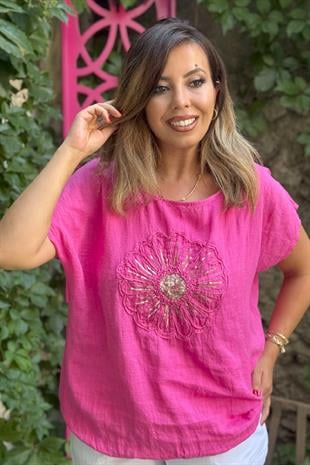%100 Keten Papatya Desenli Payet İşlemeli İthal Bluz Pembe