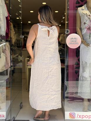%100 Keten Sırtı Bağcıklı Elbise Krem