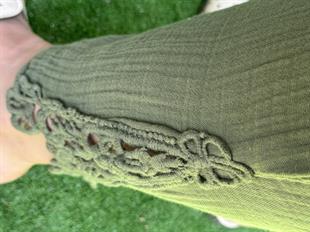 %100 Müslin Paça Nakışlı Pantolon Haki