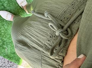 %100 Müslin Paça Nakışlı Pantolon Haki