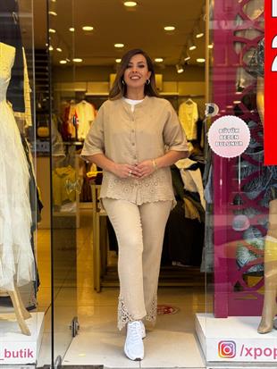 %100 Müslin Paça Nakışlı Pantolon Vizon