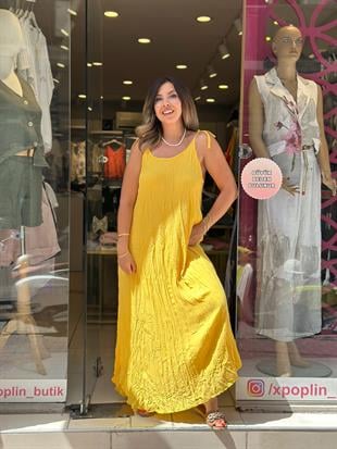 %100 Pamuk Ayarlanabilir İp Askılı Elbise Sarı