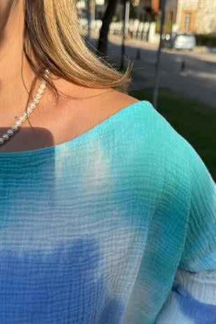 %100 Pamuk Batik Desenli Bluz Mavi