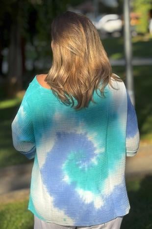 %100 Pamuk Batik Desenli Bluz Mavi