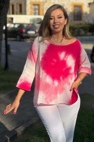 %100 Pamuk Batik Desenli Bluz Pembe