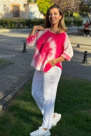 %100 Pamuk Batik Desenli Bluz Pembe