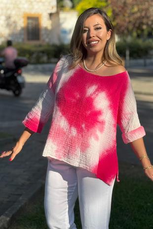 %100 Pamuk Batik Desenli Bluz Pembe