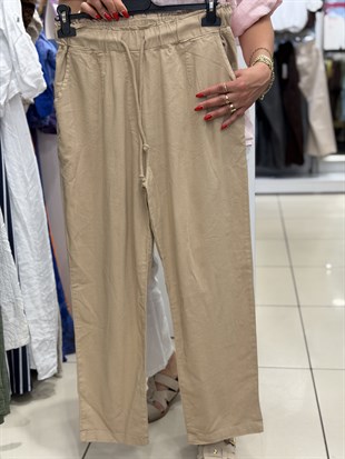 %100 Pamuk Beli Lastikli Bağlamalı Rahat Pantolon Krem