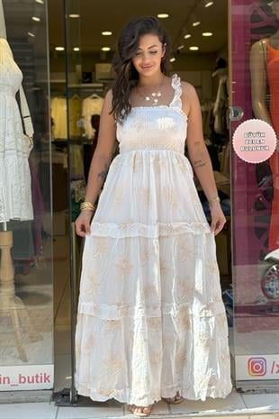 %100 Pamuk Çiçek İşleme Detaylı Göğüs Lastikli İthal Tasarım Elbise Beyaz