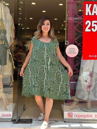 %100 Pamuk Çiçek İşlemeli Elbise Yeşil