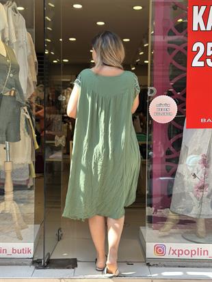 %100 Pamuk Çiçek İşlemeli Elbise Yeşil